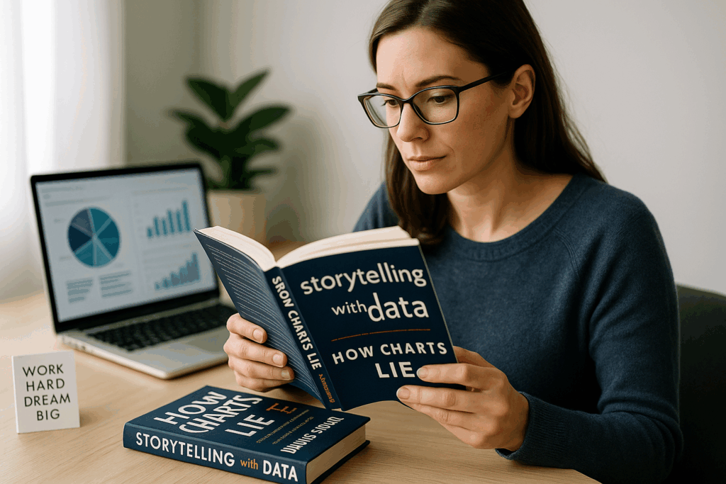 A person intently reading one of the best data visualization books, with a laptop open showing a clean, insightful data dashboard in the background, representing learning and practical application.