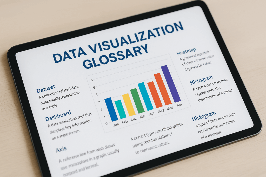An abstract representation of data points connecting to form various chart types, symbolizing the comprehensive nature of a **Data Visualization Glossary