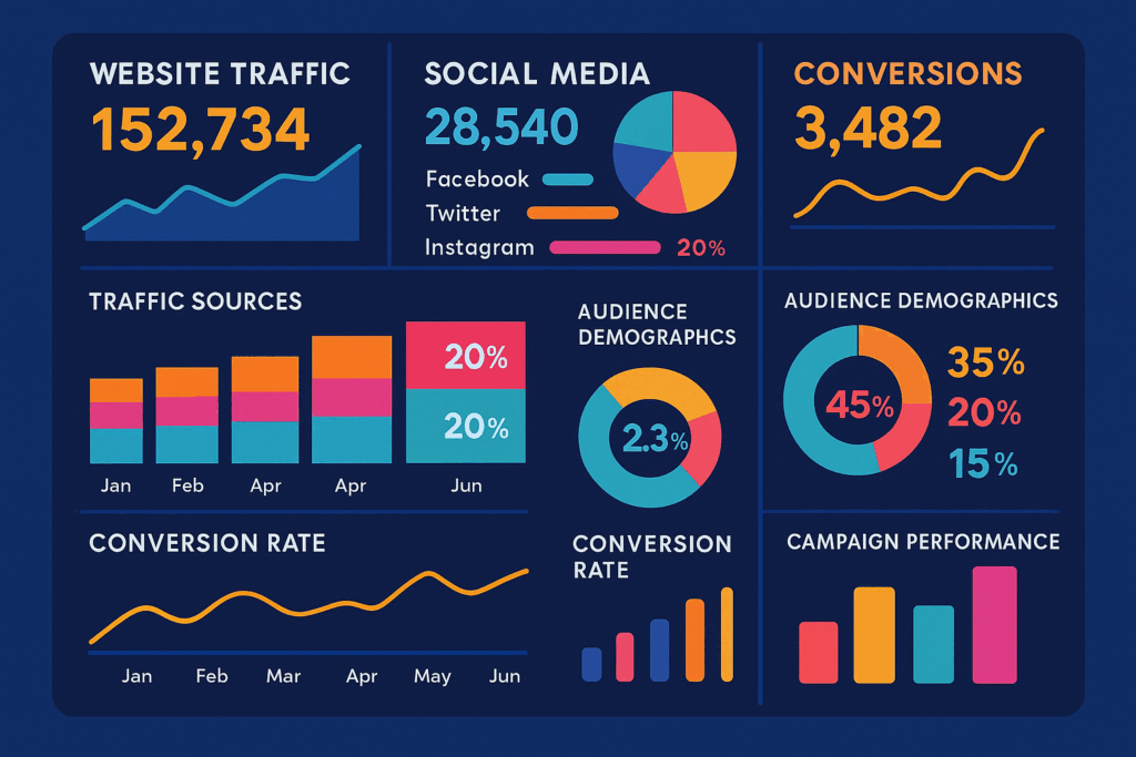 A vibrant marketing analytics dashboard template showing website traffic, social media engagement, and conversion metrics in a clear layout. Image showing a vibrant marketing analytics dashboard template with charts and graphs for various marketing metrics