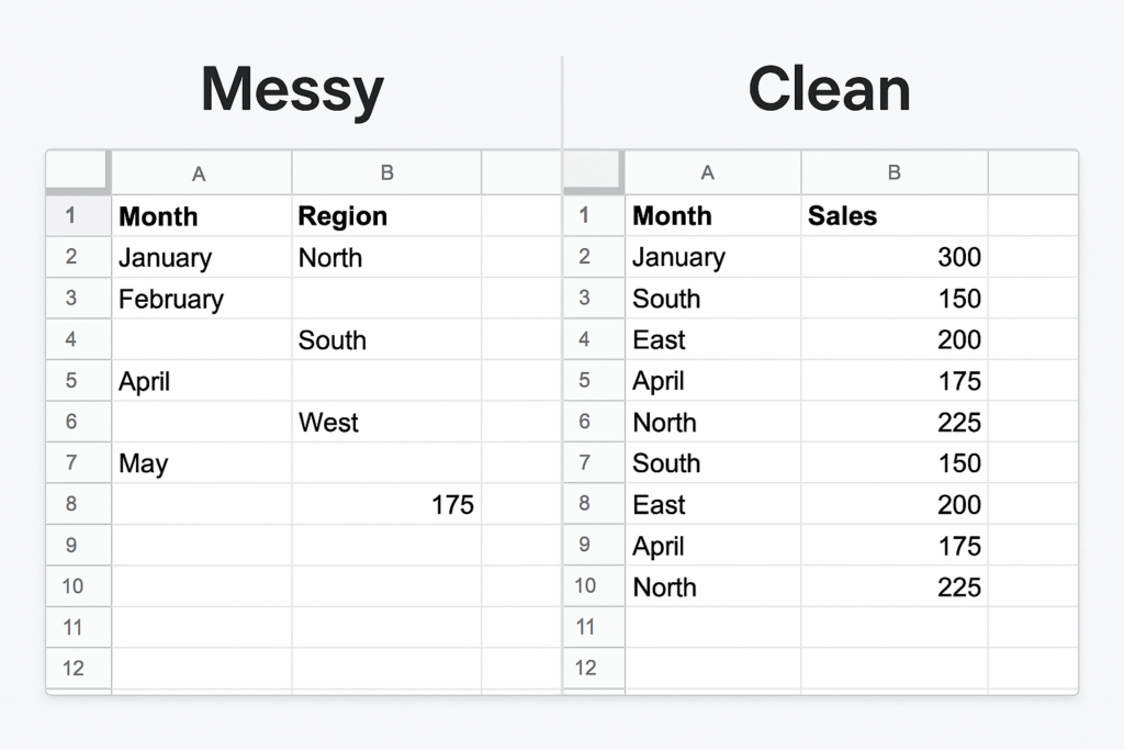 Prepare your data for effective Google Sheets data visualization. A split screenshot showing two Google Sheets tables: one on the left is messy with inconsistent formatting and blanks, while the one on the right is clean, organized, and ready for effective Google Sheets data visualization.