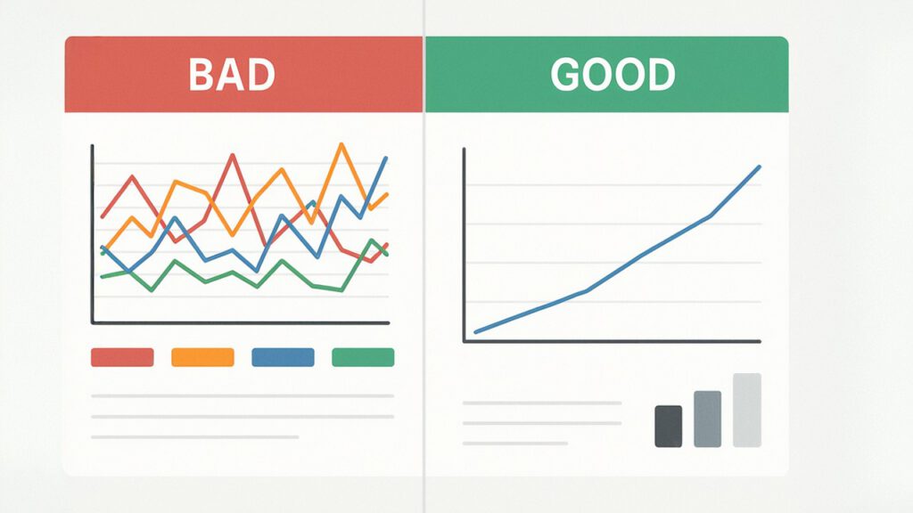 "Clarity in Dashboard Design" Comparison of bad vs. good chart design emphasizing clarity in good dashboard design.